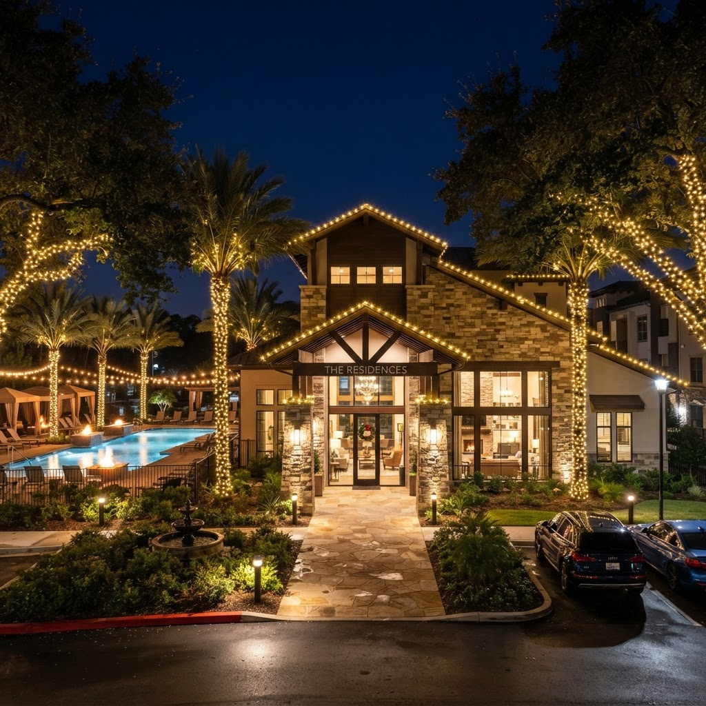 Apartment community clubhouse with holiday lighting