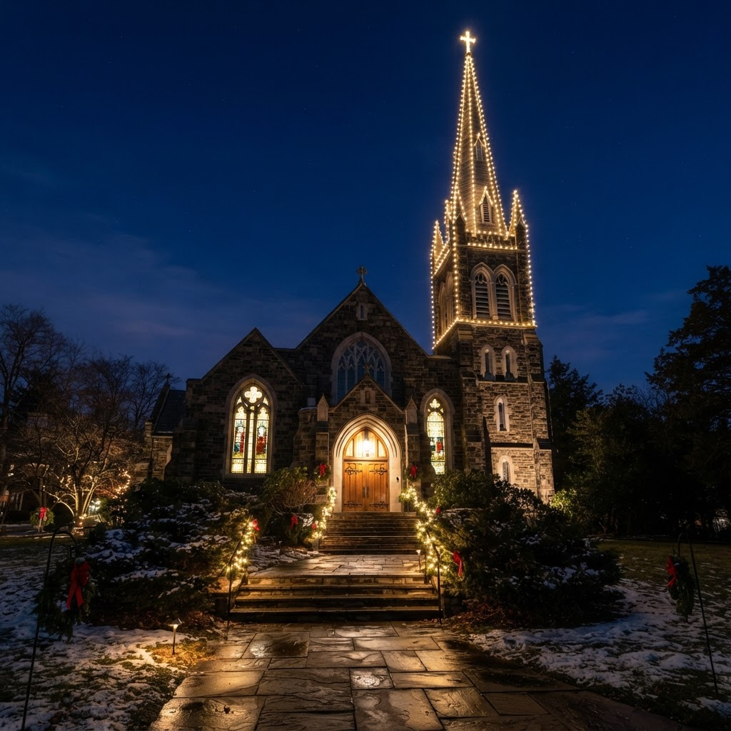 Church steeple outlined in warm white holiday lights