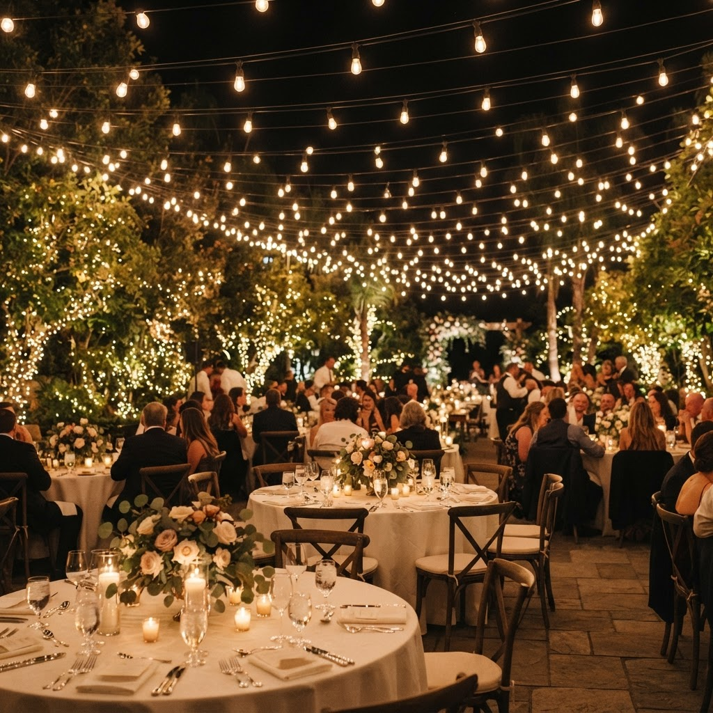Outdoor wedding reception with string lights and bistro lighting