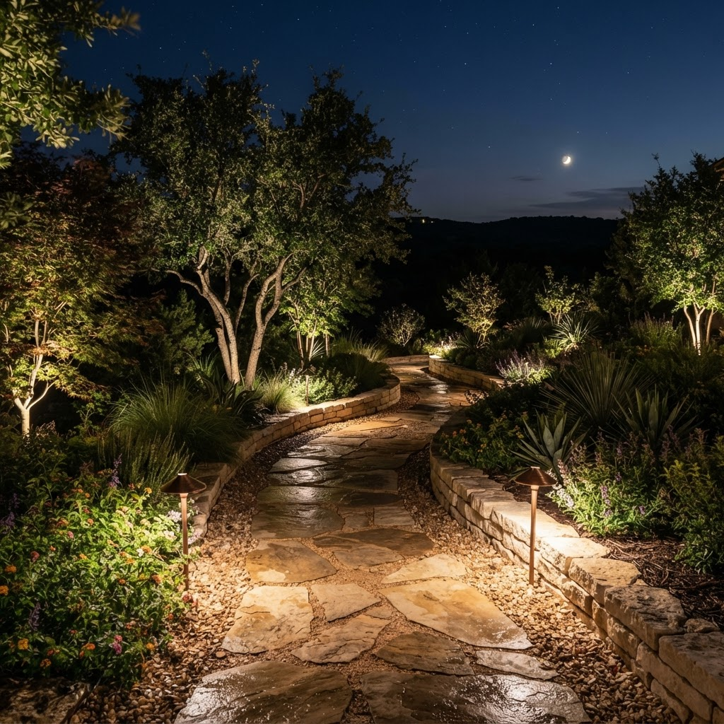 Landscape uplighting on a garden pathway and ornamental trees