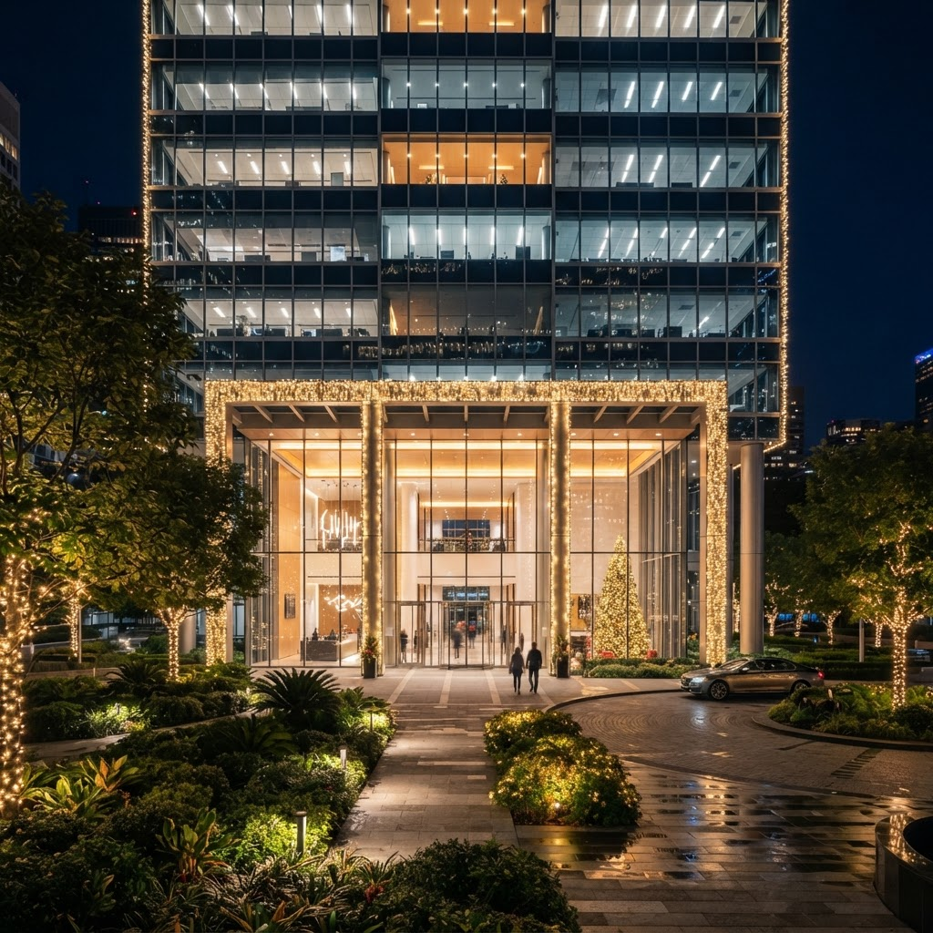 Corporate office building with elegant architectural holiday lighting