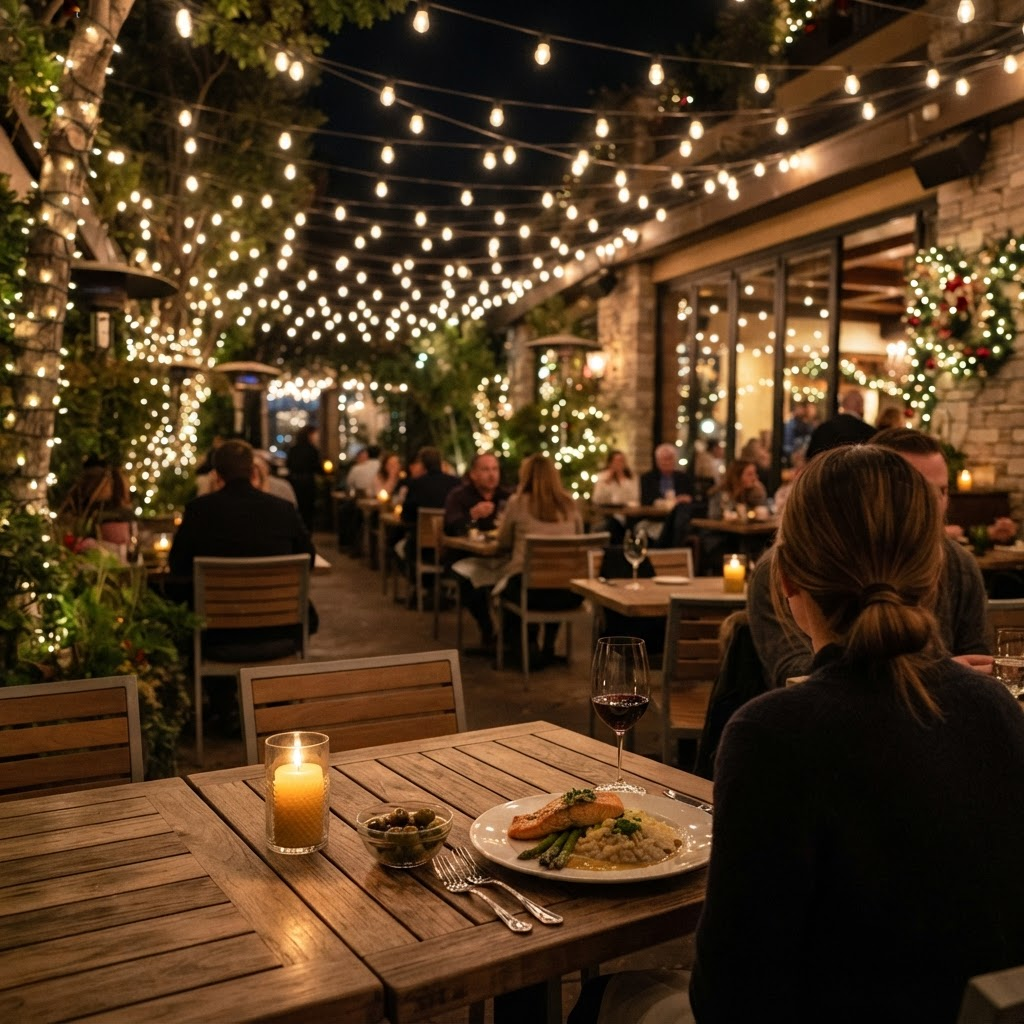 Restaurant patio with warm bistro and holiday lighting