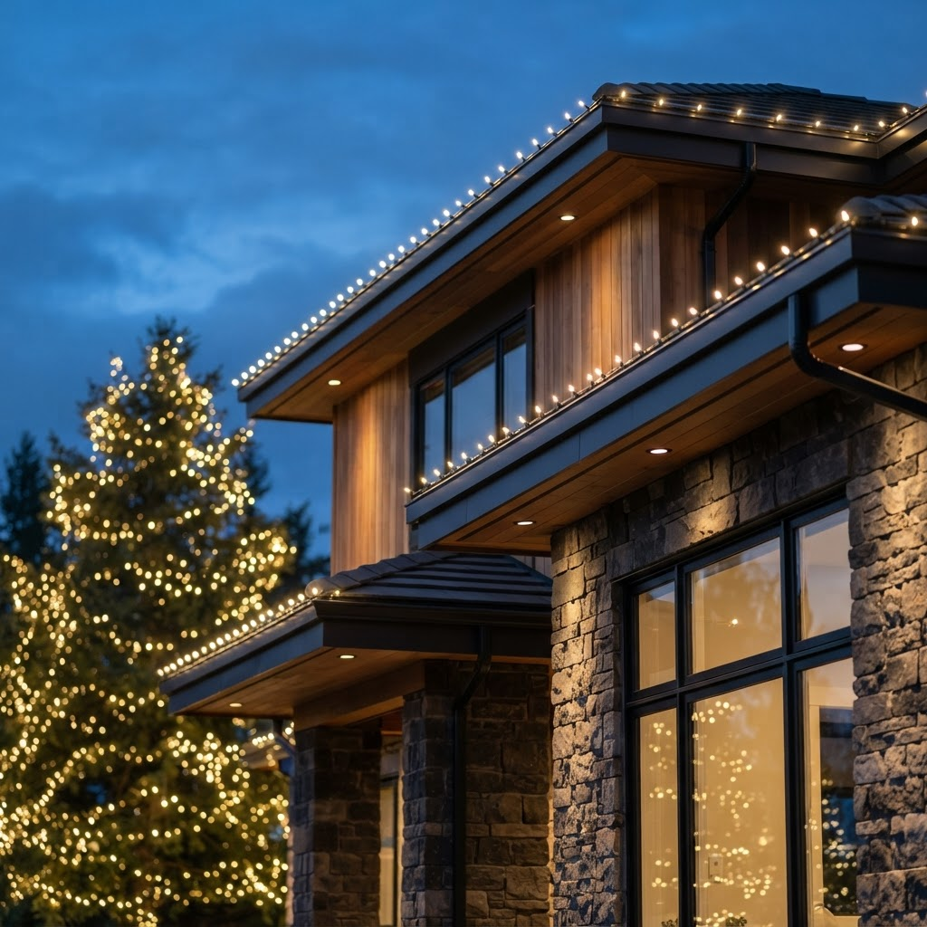Close-up of clean warm white LED holiday lighting on a modern home