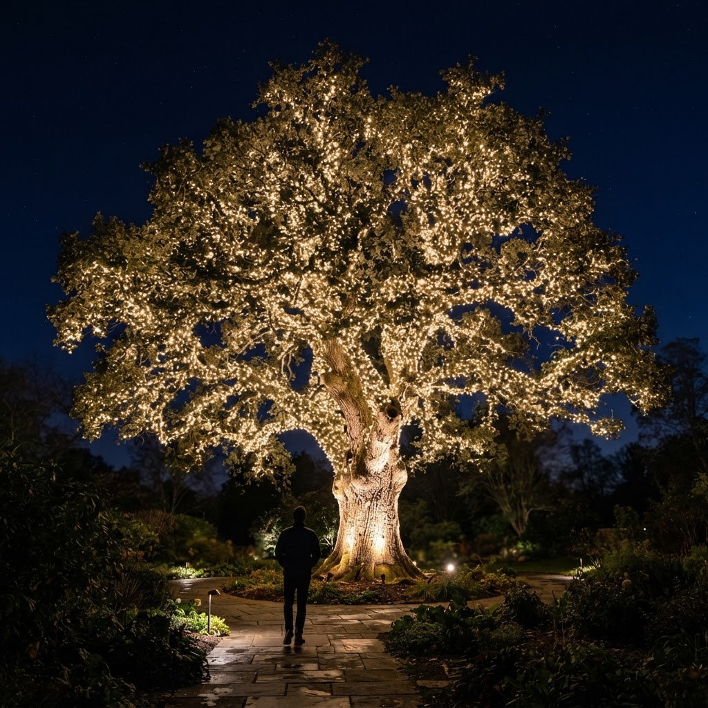 A massive mature tree wrapped trunk to canopy in lights