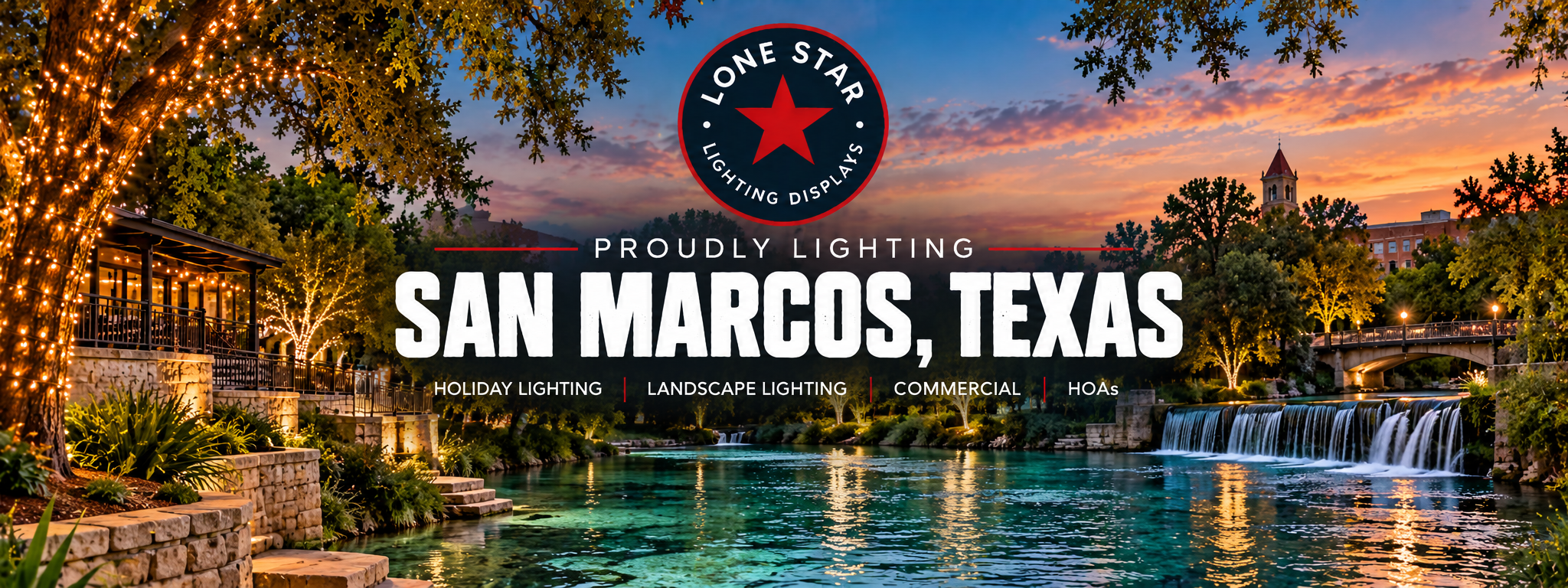 Christmas light installation in San Marcos, Texas